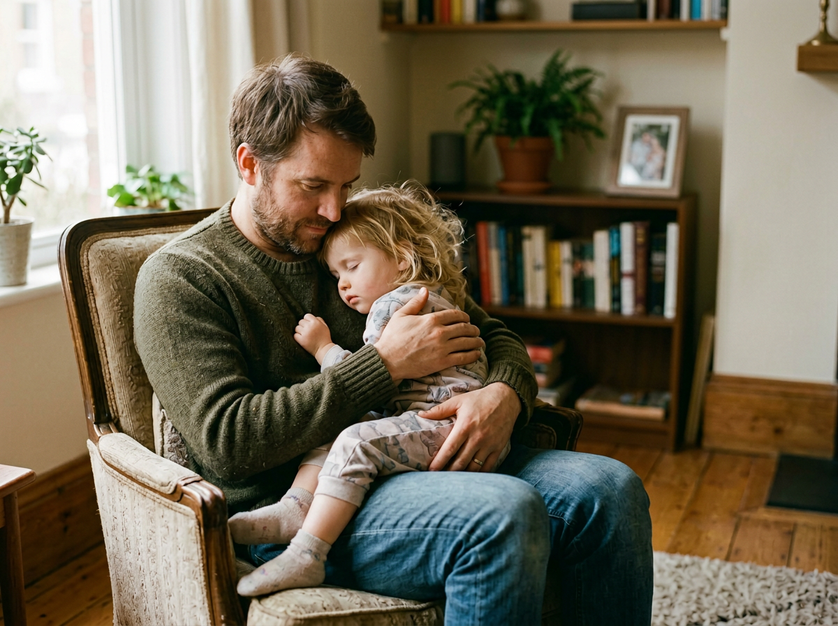 Ojciec z dzieckiem w domowym wnętrzu