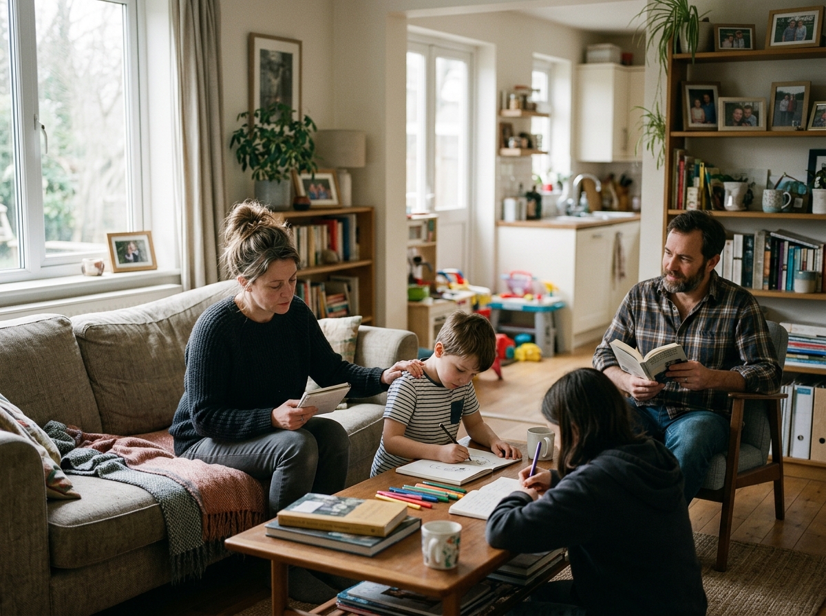 Rodzina patchworkowa podczas spokojnego wieczoru w domu