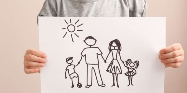 Dziecko rodziców którzy się rozwodzą, pokazuje obrazek rodziny
